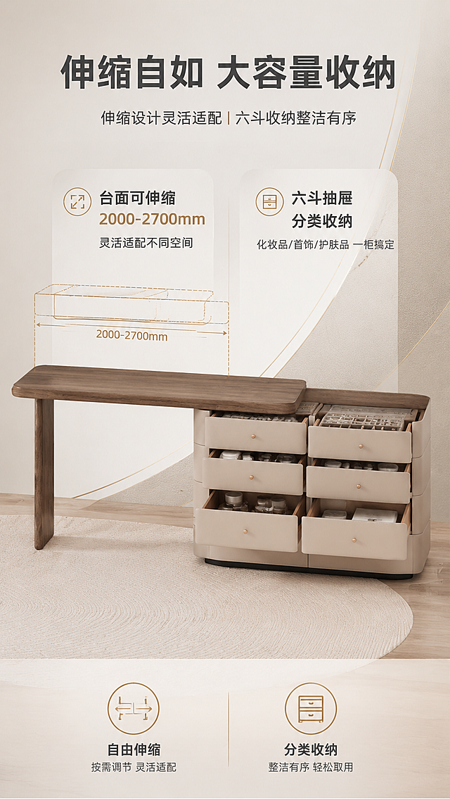 [商品] 使用【图1】DZ-8832A梳妆台+六斗柜组合；保留左侧单腿支撑台面、右侧六斗柜结构、胡桃木色台面、浅米色马鞍皮柜体、圆形铜色拉手、整体比例和颜色；商品处理：展示台面伸缩状态（拉出最长状态），部分抽屉拉开展示内部空间，增强结构清晰度，不改变产品外观。
[画面] 目标：结构功能页，展示伸缩结构与收纳容量；左右分栏版式，左侧约2/5伸缩结构示意，右侧3/5抽屉拉开展示收纳；产品位于画面中部，占画面约65%，产品角度为正面微侧；阅读动线从左到右；前景产品+拉开的抽屉，中景伸缩结构虚线标注，背景浅色系渐变+几何线条，三层视觉层次。
[视觉] 套系策略：风格=意式轻奢现代商业摄影；标题字=现代无衬线粗体；正文字=简洁无衬线体；主色=胡桃木棕+浅米灰；背景延展=基于胡桃木棕和浅米灰做同色系深浅层级、渐变和细腻木纹/皮革质感；强调色=铜金色，仅用于小面积图标、引线、标签和拉手高光；标题色=深炭灰；正文色=中暖灰；组件=圆角浅底信息卡、细线引线、铜金色虚线标注；光影=左前侧暖柔光，柔和阴影。
[文字] 顶部主标题「伸缩自如 大容量收纳」，左侧伸缩结构配标注：「台面可伸缩 2000-2700mm」「灵活适配不同空间」；右侧收纳配标注：「六斗抽屉 分类收纳」「化妆品/首饰/护肤品 一柜搞定」；底部2个功能图标：「自由伸缩」「分类收纳」；文字不遮挡产品主体。
[规格] 淘宝/天猫详情页，单屏比例9:16竖版，分辨率4K，中文文案，移动端可读；避免变形、错字、文字过小、冷蓝背景、产品结构改变、颜色失真、极限词。