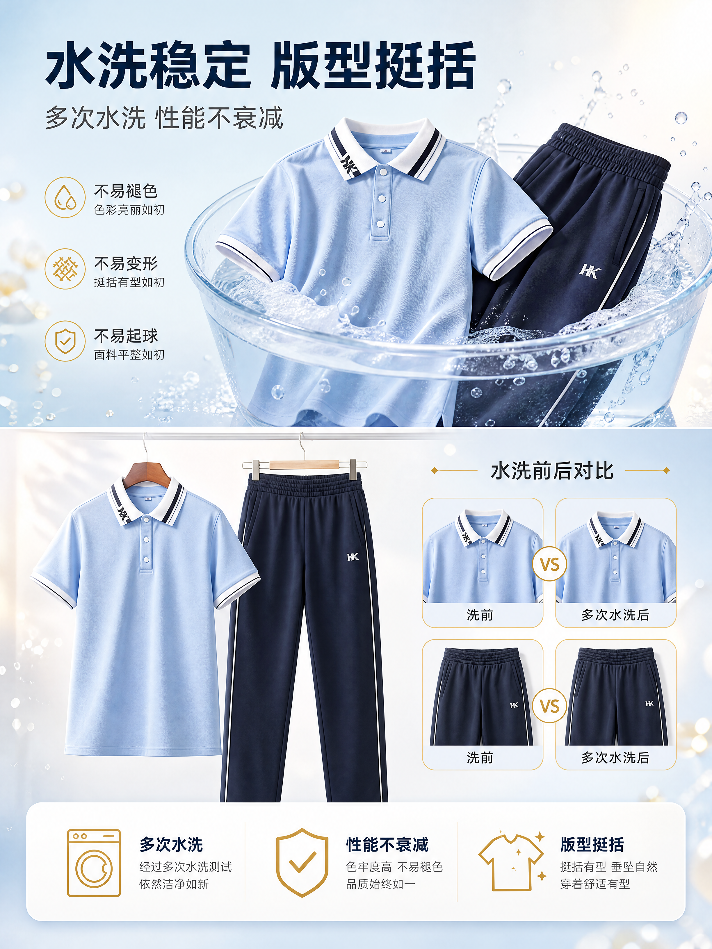 [商品] 使用【图2】浅蓝短袖Polo衫+藏青长裤校服套装；商… - 图片创意预览