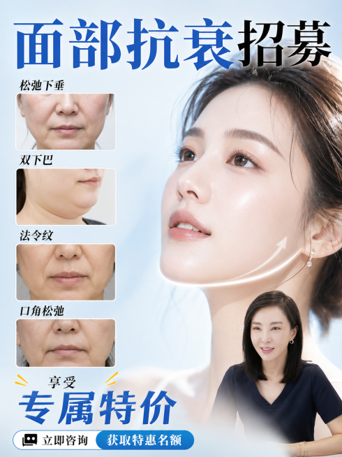 参考提供的模板布局，生成一张医美宣传海报。顶部大标题："面部抗衰招募"，其中"面部抗衰"使用不同颜色。画面左侧分为4个板块：第一个板块放置标题"松弛下垂"，下方放入中面部松弛的图片https://gd预览效果