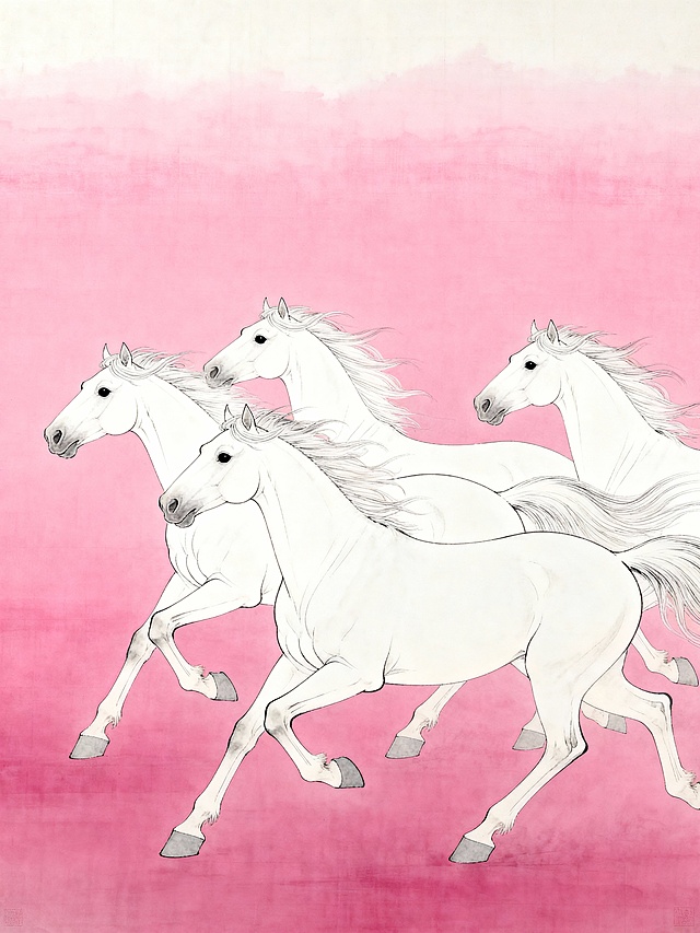 工笔白描四骏奔腾，水墨晕染粉红背景，唯美感与梦幻感交织，中式意境悠然，水彩风轻盈灵动。