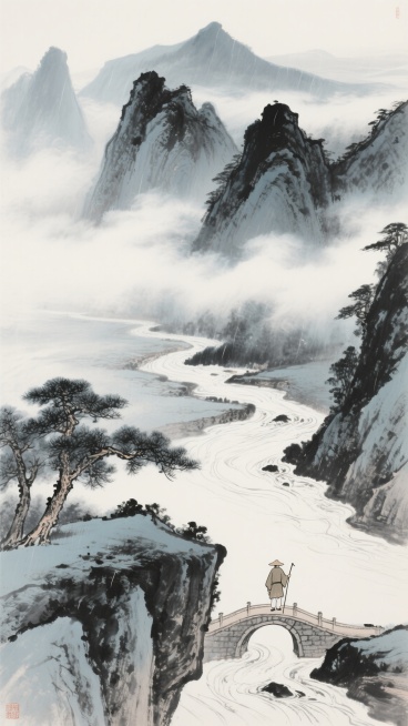 俯瞰视角，中国传统泼墨山水长卷，以青灰色调为基调，画面呈现烟雨空濛的诗意氛围。远景是几座被流云缠绕的奇峻峰峦，以浓淡不一的墨色勾勒出山脊的刚硬轮廓；中景为蜿蜒曲折的溪流，以飞白笔触表现水流的灵动；近景左下角有一片陡峭的悬崖，崖壁上斜生着几株姿态遒劲的古松，松针以焦墨点染。溪流上横跨一座古朴的石拱桥，桥上一位身着蓑衣的老者正拄杖而立，望向远方云雾深处，人物以极简线条勾勒，神态悠然。整体构图采用"……预览效果