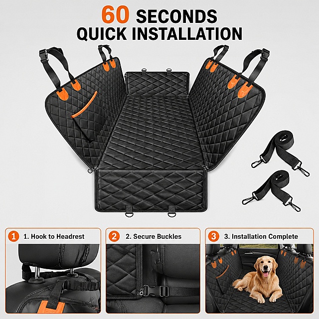 「图片1」，生成一套主图（5张），商品名称是Dog Car Seat Cover for Back Seat, Waterproof Pet Car Seat Protector Hammock，卖点是黑色菱形格纹600D牛津布材质，橙色皮革加固扣件，防水防污表面，全车吊床式设计覆盖后座与两侧车门，预留安全带插孔，网状收纳口袋，底部防滑设计，适配轿车SUV及MPV车型，60秒快速安装，适配亚马逊/跨境平台，主图比例为1:1