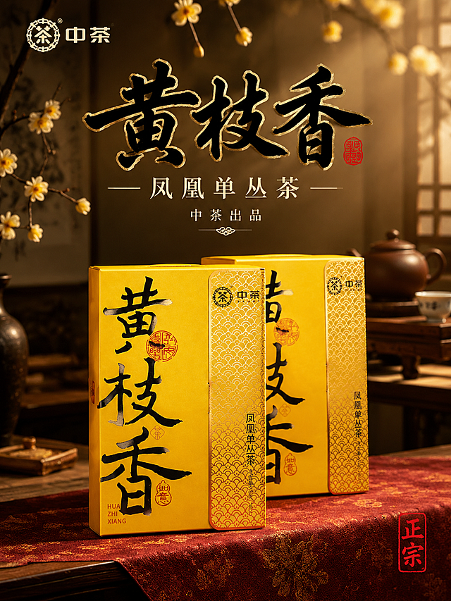 [主图-1 首图点击率 竖版] 中茶黄枝香凤凰单丛茶抖音主图首图竖版，核心任务是营造沉浸式氛围感并突出产品礼盒高级质感，吸引点击。
[统一基调] 新中式沉浸式氛围感风格，整体暖金棕色调，背景为暗调中式茶室场景，暖黄侧逆光打亮产品，营造静谧雅致的品茶意境。标题字用粗笔刷书法字体，深墨黑色，叠加轻微金色描边；辅助文案用细宋体，米白色；强调色为朱砂红印章点缀。整体画面高级有质感，电影级光影。
[画面] 产品为两盒中茶黄枝香凤凰单丛茶黄色礼盒，一前一后错落摆放在画面中下部，正面朝向观众略偏左15度，产品占画面约55%。背景上方是虚化的中式茶室场景：隐约可见木质茶桌、紫砂茶壶、白瓷茶杯、几枝腊梅插花从上方垂落，背景做景深虚化处理突出主体。产品下方铺暗红色织锦茶席，礼盒底部有自然柔和的接触阴影。左上角放置中茶品牌Logo（与原图一致）。
[光影质感] 商业摄影质感，右侧45度暖黄主光打亮产品正面，左侧弱补光，顶部有微弱环境光，礼盒表面有细腻的金色反光，纸张纹理清晰可见，整体光影柔和有层次，暗部不死黑。
[配色] 主色调暖金+深棕+米白，点缀朱砂红。背景暗调，产品亮调，形成明暗对比突出主体。
[文字版式] 画面上半部分居中主标题大字「黄枝香」，书法字体，墨黑色带金边；标题下方横排辅助文案「凤凰单丛茶」，细宋体米白色；再下方小字「中茶出品」；右下角有一枚朱砂红印章样式「正宗」字样。文字放在上半部分负空间，不遮挡产品主体。
[输出要求] 3:4竖版，文字清晰锐利，产品清晰不变形，无错字，画面干净高级。禁止：变形、错字、模糊、杂乱、水印、平台Logo、低俗元素、多余杂物。