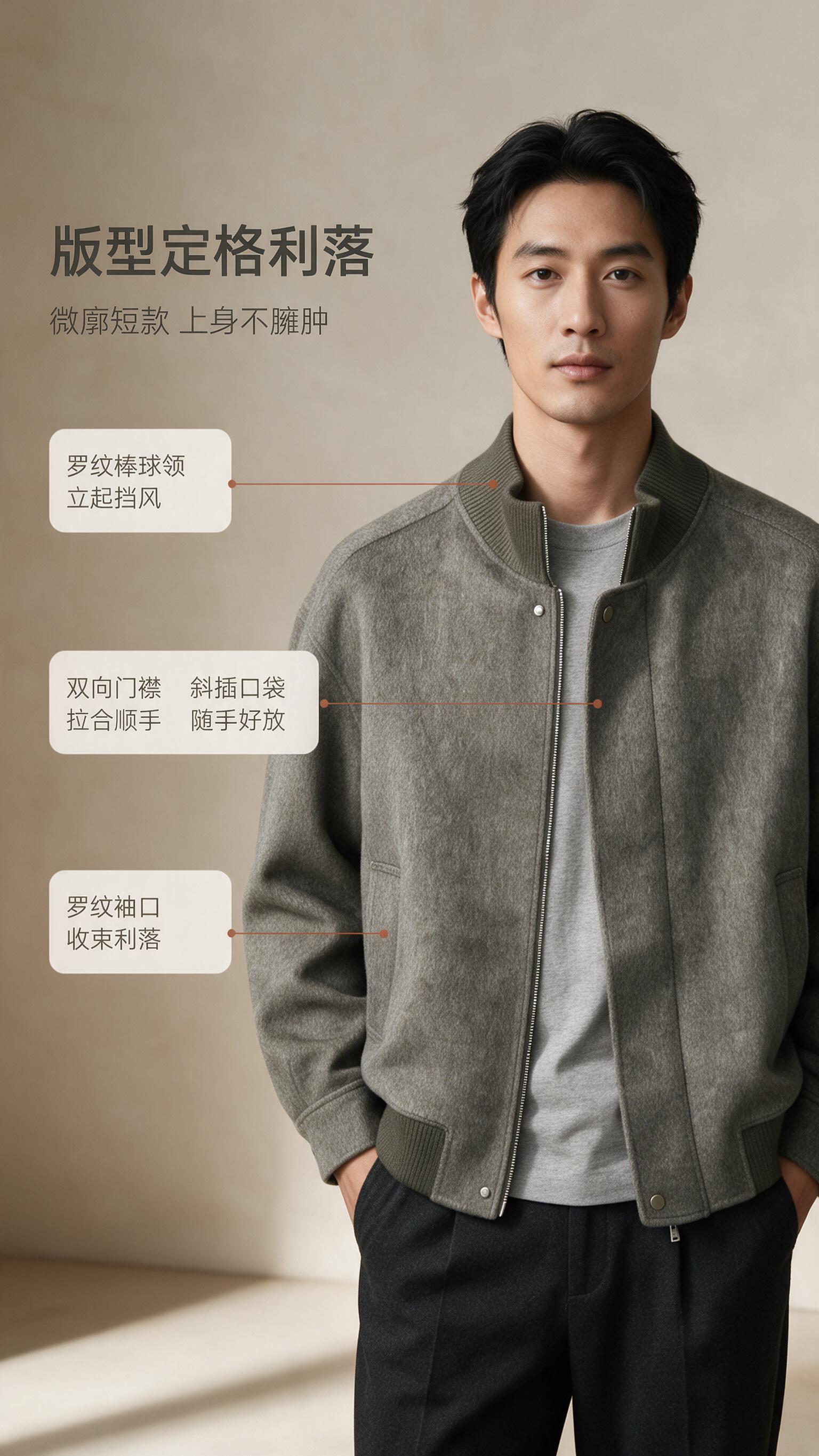 【商品】使用【图1】灰褐色羊毛混纺粗花呢棒球领针织夹克。保留项… - 图片创意预览