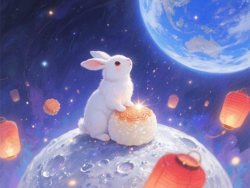 奇幻插画风格，月球表面由柔软的糯米团构成，一只可爱的玉兔坐在月球上，仰头深情望着远方的蓝色地球，周围环绕着漂浮的传统月饼和发光的红色灯笼，梦幻的蓝紫色和银色为主色调，光线空灵柔和，整体风格融合吉卜力工预览效果