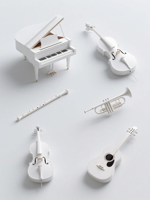 纯白背景下，采用与原图高度一致的3D写实风格、明亮柔和的光影效果、光滑细腻的材质表现和清晰锐利的边缘处理，以规整的网格布局排列六个完全不同的乐器，包括白色三角钢琴、白色小提琴、白色大提琴、白色长笛、白色小号和白色古典吉他，每个乐器均保持优雅的姿态和精致的细节，整体画面简洁大气、现代感十足，形成一组风格统一、类目相关的乐器系列素材集合。预览效果