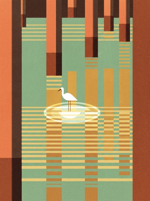 将这张桥下水中白鹭的图片转换为现代极简几何扁平风，融合包豪斯主义的理性线条与risograph印刷质感，图形高度概括、无多余细节，强调色彩与形状的构成关系，带有复古印刷的颗粒肌理预览效果
