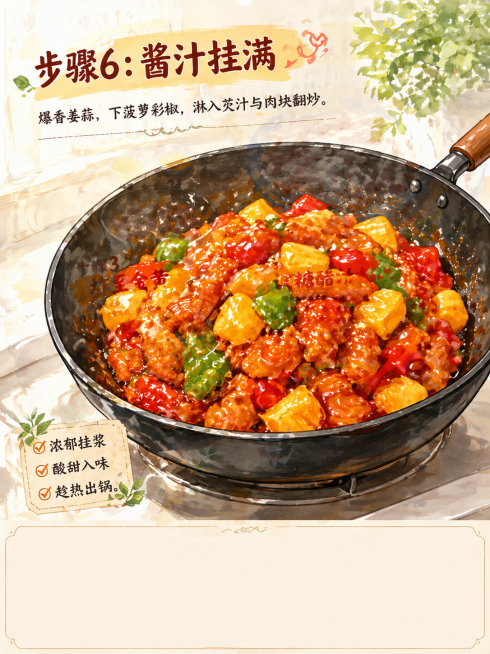 整体为温暖清新的手绘水彩风格，线条细腻柔和。场景为整洁明亮的白色厨房台面，左前方柔和暖调自然光，画面通透感强，无多余杂物。构图为竖屏3:4单张海报，画面最宏大。黑铁炒锅中火光微闪，红亮的糖醋汁包裹着金预览效果