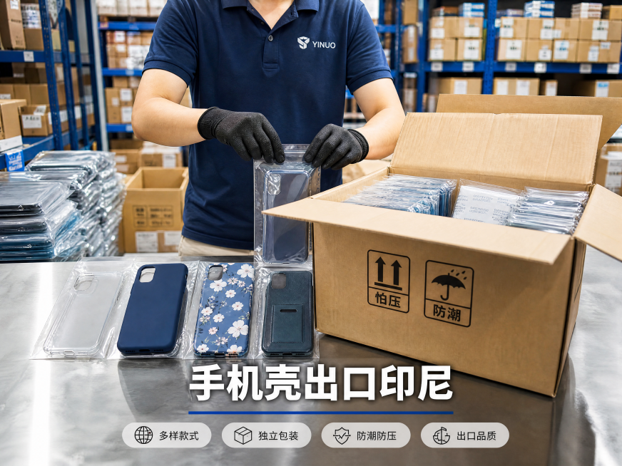 4:3比例高清晰度商业摄影照片，几款代表性手机壳包括透明软壳、液态硅胶壳、带图案硬壳、卡槽壳，操作员正在将手机壳用独立PE袋密封，分层平铺码放进贴有“怕压”“防潮”标识的加固出口纸箱，箱内加入干燥剂包预览效果