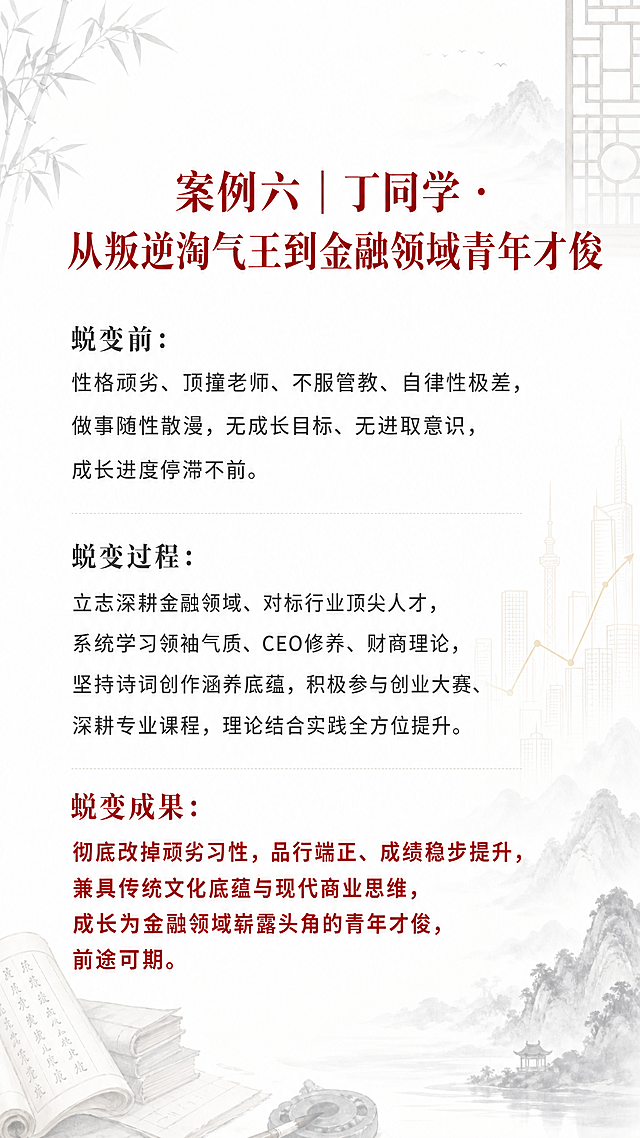 H5第十页蜕变案例，古风书香水墨意境风格，整体庄重教育高级简约，背景为少年格局精英视野金融思维少年成才，透明度80%，低饱和度，不遮挡文字，纯白色底色，标题朱砂红，痛点灰色，成果红字加粗，文字全文："案例六｜丁同学 · 从叛逆淘气王到金融领域青年才俊，蜕变前：性格顽劣、顶撞老师、不服管教、自律性极差，做事随性散漫，无成长目标、无进取意识，成长进度停滞不前。蜕变过程：立志深耕金融领域、对标行业顶尖人才，系统学习领袖气质、CEO修养、财商理论，坚持诗词创作涵养底蕴，积极参与创业大赛、深耕专业课程，理论结合实践全方位提升。蜕变成果：彻底改掉顽劣习性，品行端正、成绩稳步提升，兼具传统文化底蕴与现代商业思维，成长为金融领域崭露头角的青年才俊，前途可期。"，字体要求：大标题方正小标宋/思源宋体32-36号，小标题思源宋体24-28号，正文微软雅黑/苹方18-20号，痛点深灰色常规字体，成果朱砂红加粗，行间距1.5倍，干净高级