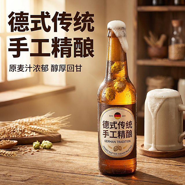 [主图 1] 德式精酿啤酒首图，浓郁氛围感餐桌场景。
[氛围风格] 德式复古酒馆，浓郁麦香食欲感，高级质感；
[画质] 商业摄影质感、光线柔和通透、产品清晰真实、画面干净高级。
[元素]  amber棕色玻璃瓶装德式精酿啤酒居中放置，瓶身打开有绵密白色泡沫溢出，清澈酒液中浮动着金黄色啤酒花，瓶身布满晶莹冷凝水珠。旁边搭配木质杯垫和传统德式陶瓷啤酒杯，杯中盛有大半杯琥珀色酒液，泡沫挂杯。背景虚化原木酒架，摆放少许小麦麦芽原料，整体场景温馨有食欲。商品主体占比严格控制在 70% 左右，画面满屏无边框。
[光影] 午后暖光从左侧斜射入，透过酒瓶形成柔和光晕，泡沫高光通透，水珠边缘轮廓清晰，背景暗调突出产品，光影层次丰富。
[配色] 主色：深棕木质调；辅助色：琥珀金黄、奶白泡沫。
[视角构图] 平视45度拍摄，中心构图，景深适中。
[文字版式] 左上角负空间左对齐留安全边距，大字文案“德式传统 手工精酿”，深棕色粗体无衬线最大字号；辅助小字“原麦汁浓郁 醇厚回甘”，缩小一半同色系。文字不遮挡产品主体。
[比例分辨率] 1:1 比例，720*720px，2k分辨率；文字清晰锐利，画面超高清。
[负向提示词] 变形，水印，文字错乱，产品图模糊，背景杂乱，颜色刺眼，遮挡主体。