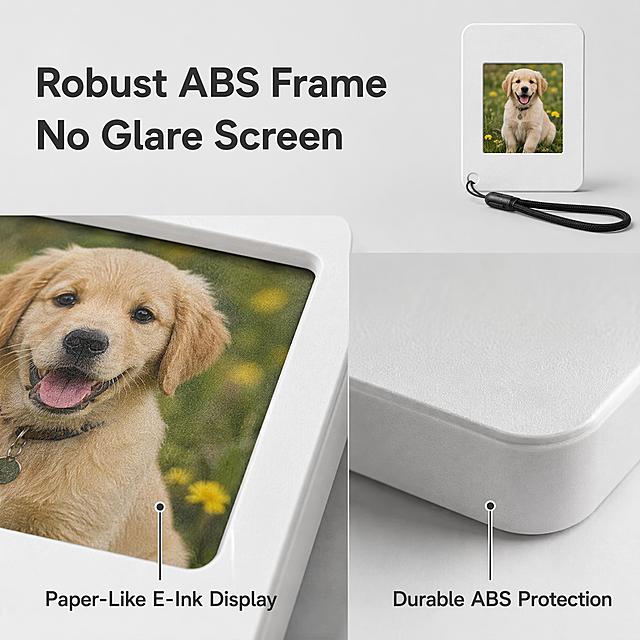 Amazon e-commerce main image, light gray minimalist tech background. Close-up detail shot focusing on the E-Ink screen and ABS frame texture. Left side: macro close-up of screen corner showing paper-like matte display with no glare, displaying a pet dog photo. Right side: macro close-up of ABS frame edge showing robust protective structure, matte finish texture, and rounded corner design. A white-frame device is placed in upper right as main product reference. Keep product appearance consistent with input image. Top title 'Robust ABS Frame  No Glare Screen'. Two callout lines with labels: 'Paper-Like E-Ink Display' pointing to screen, 'Durable ABS Protection' pointing to frame edge. All text in English, modern sans-serif, dark gray. Commercial product photography, soft directional lighting highlighting texture details, clean premium feel. 1:1 square ratio, ultra high definition. Negative: deformed, text disorder, blurry, watermark, Chinese text.