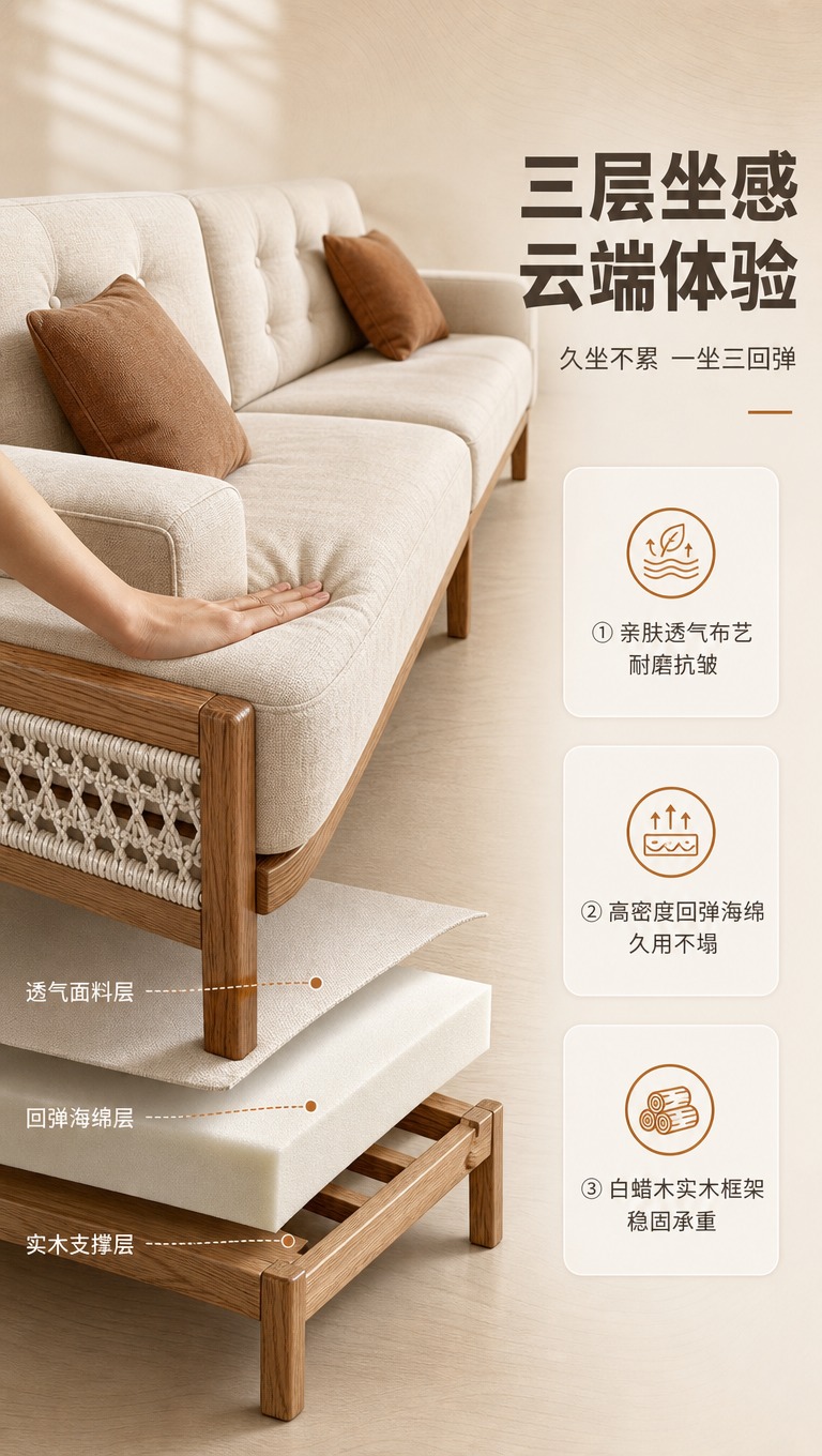 [商品] 使用【图1】三人位布艺沙发；保留白蜡木实木框架、米色… - 图片创意预览