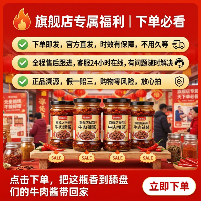 牛肉辣酱旗舰店专属福利下单引导主图，浓烈促销氛围，画面主体展示多瓶牛肉辣酱组合图，底部放置醒目的立即下单按钮，热闹促销风格。背景铺满全屏无边框。主色调东北红色，辅助色暖黄色。平视构图。文字版式：顶部火预览效果