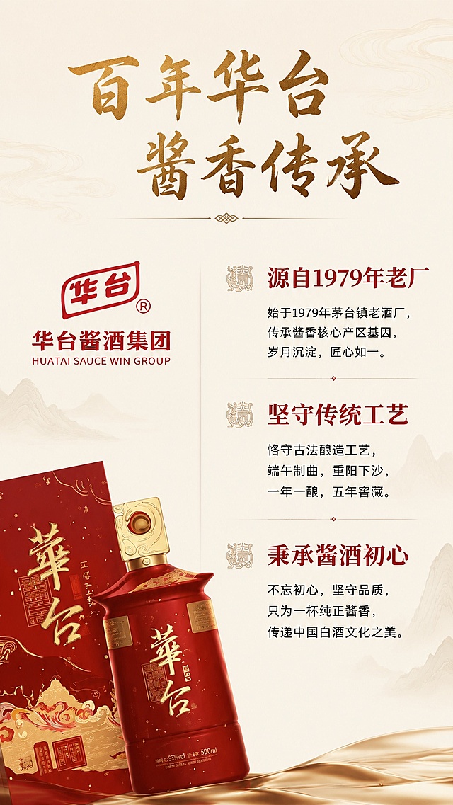 [第8屏] 品牌文化解读屏-贵州华台酱香白酒喜长乐。
[氛围/风格] 文化厚重感，中式国风质感，简洁大气排版。
[元素布局] 画面左侧放置华台酱酒logo标识，右侧排列品牌文化文案，底部斜放产品图露出瓶肩，整体布局简洁对称，文化信息占据主要区域。保持logo和产品颜色结构与原图一致。
[光影质感] 均匀柔光照明，文字和logo清晰锐利，整体干净通透。
[配色色系] 全局底色 #f6f1e9；主色深红烫金；辅助色米白背景。
[视角构图] 平面排版视角，左右分割构图，平衡稳定。
[文字版式] 顶部主标题「百年华台 酱香传承」，右侧文案分三点：「源自1979年老厂」「坚守传统工艺」「秉承酱酒初心」，书法标题搭配宋体正文，金色标题黑色正文，延续首屏字体风格。
[比例分辨率] 9:16竖版比例，4K分辨率，文字清晰可辨，高清画质。
[负向提示词] 文字错乱，logo变形，产品扭曲，水印，文字过小，构图杂乱