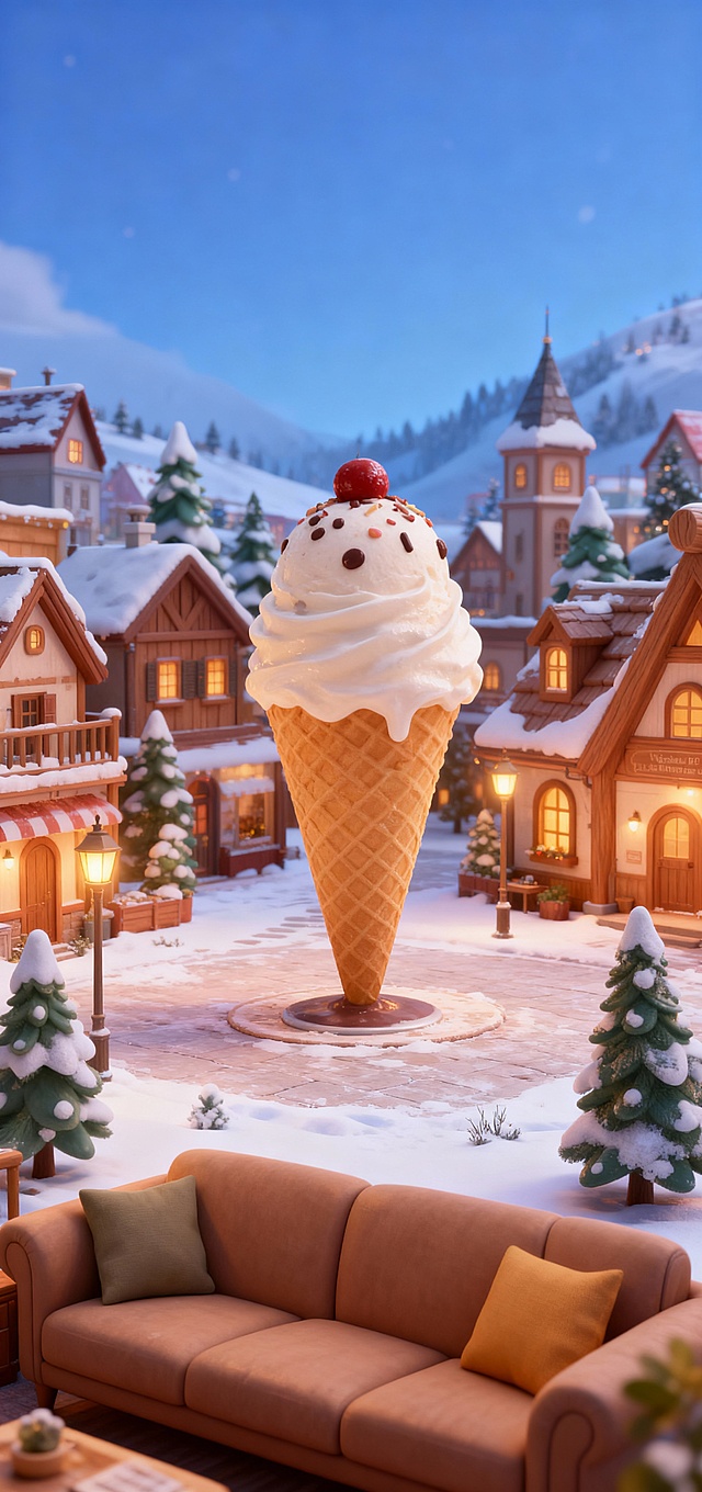 去除房顶在一个冬季小镇里面，小镇中间需要一个超级冰淇凌大圣代