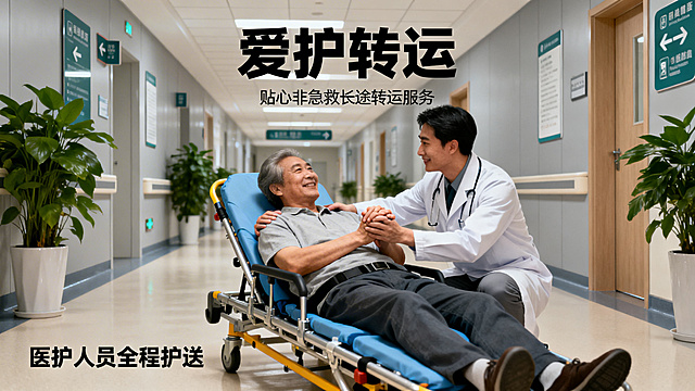爱护转运，贴心非急救长途转运服务，医护人员护送病人，温暖温馨场景，暖灰色调，横版排版，无电话号码，无公众号字样