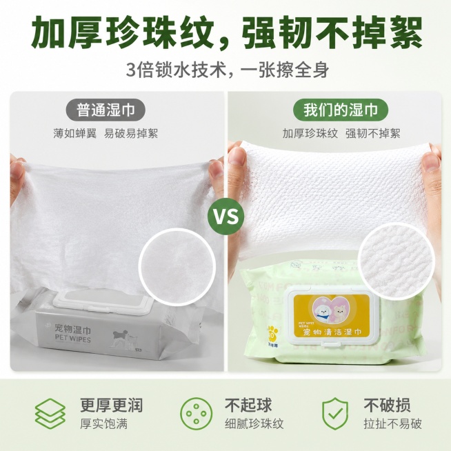 「图片1」，生成一套主图（5张），商品名称是宠物湿巾，卖点是宠物时间卖点，适配淘宝/天猫平台，主图比例为1:1场景：第一张：首图（吸引点击，突出核心差异化）
目的： 在搜索结果中一眼抓住用户，强调“不预览效果