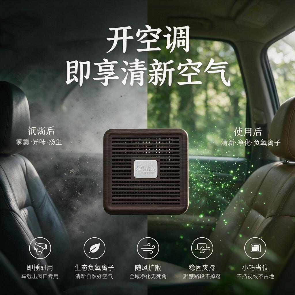 天猫电商功效对比图，参考图中的深木纹方形车载净化器，正面带银色… - 图片创意预览