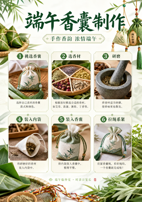 端午要开展一个包香囊活动，给我一个香囊制作流程图：挑选香囊→选香材→研磨→装入内袋→装入香囊→拉绳系紧，给我配一点元素，做一个海报，大小A4预览效果