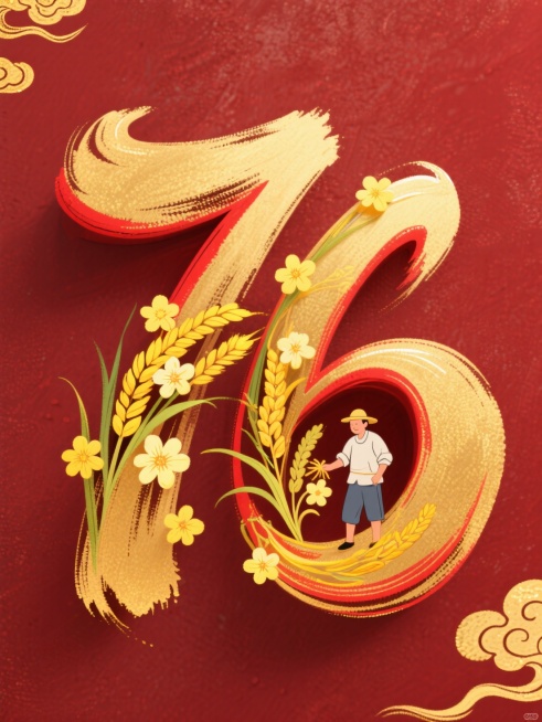 金色手绘立体数字 “76”，笔触自然流畅带有毛笔晕染质感，数字边缘有细微红色描边，内部填充黄色手绘小花朵和手绘稻谷、农民。背景采用深红色磨砂质感，左上角和右下角点缀少量金色祥云图案。预览效果