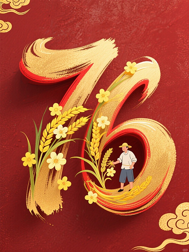 喜庆插画风，大字“76”鎏金设计，融入农民与麦穗元素，彰显丰收节日氛围。