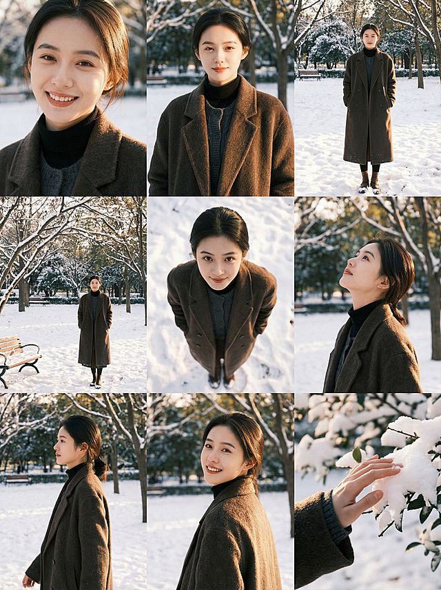 生成一个由9种不同镜头拍摄的“电影联系表”形式的九宫格，不要有明显分界线，拍摄的是参考图这一拍摄对象在冬日雪景公园散步，阳光洒落，色调温暖，不同景别、视角或动作。