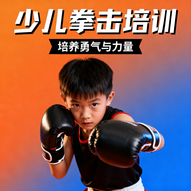 少儿拳击培训宣传海报，画面充满活力动感，展示戴着拳击手套的少儿进行训练，背景有醒目的海报标题"少儿拳击培训"，加上副标题培养勇气与力量，现代运动风格，色彩鲜明，适合少儿培训招生宣传预览效果