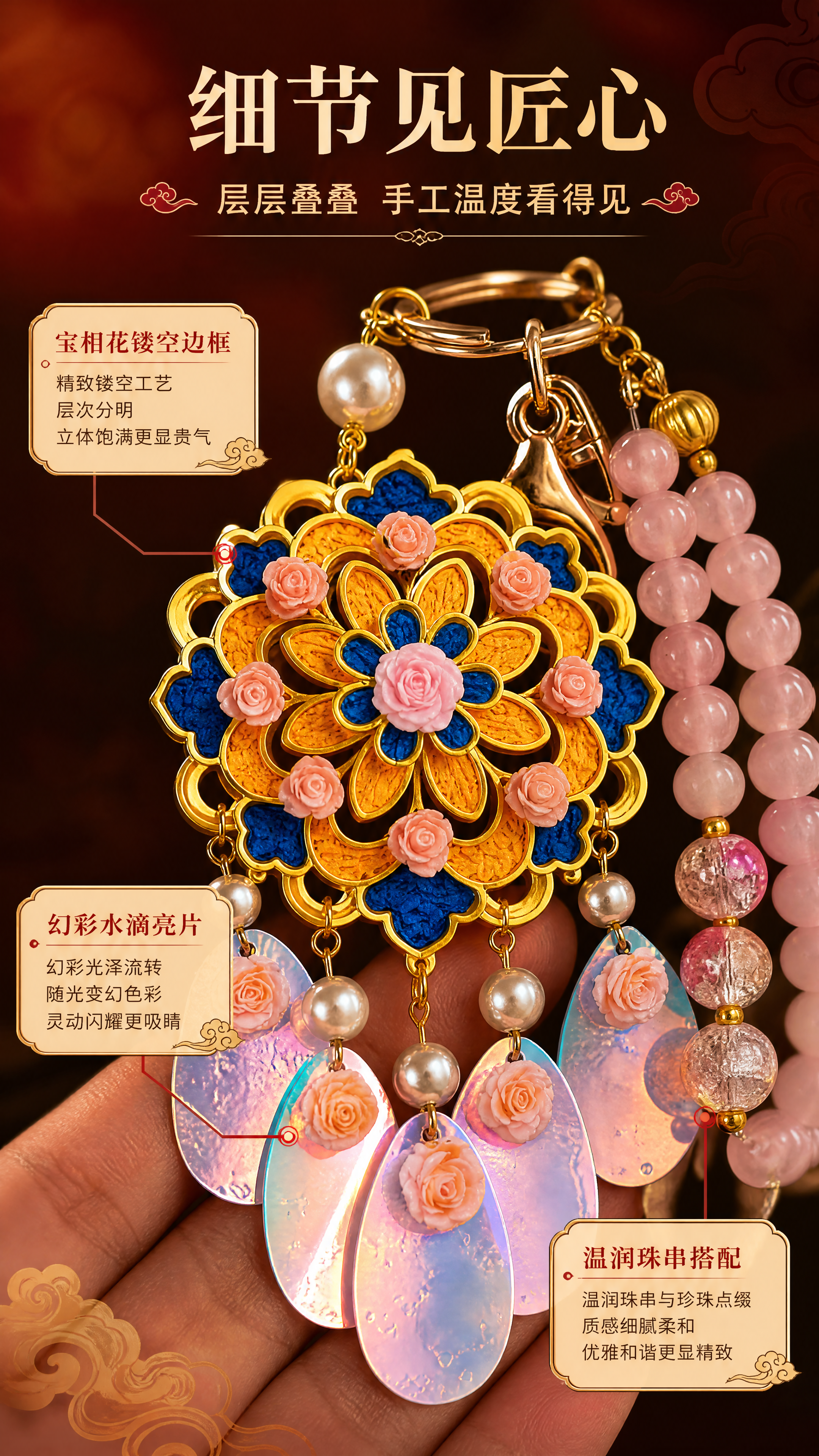 [商品] 使用【图2】粉蓝宝相花款挂件手持特写；保留金色镂空花… - 图片创意预览