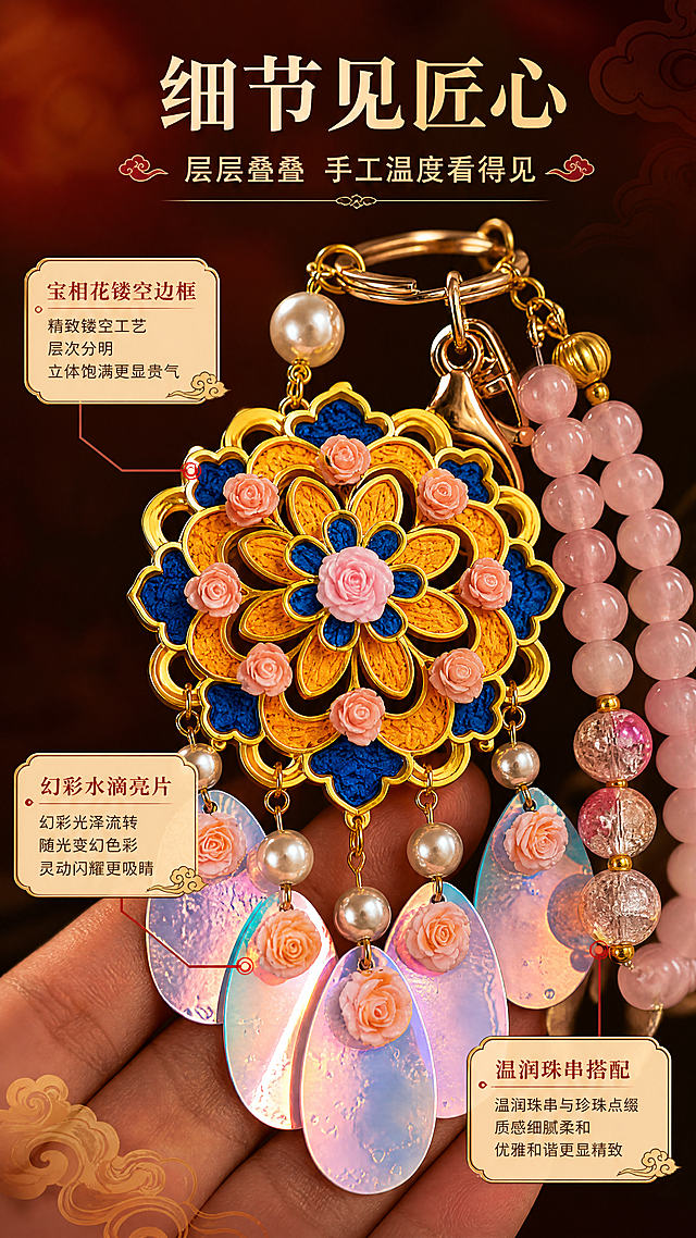 [商品] 使用【图2】粉蓝宝相花款挂件手持特写；保留金色镂空花型边框、中心粉花、蓝色装饰块、粉色水滴亮片吊坠、珍珠、粉珠串与金属扣结构，放大展示花纹层次和手工细节，增强亮片幻彩反光和金属质感。
[画面] 第3张·细节质感，目标突出宝相花款的精致工艺与花纹层次。画面中央放大展示挂件花型主体，占画面65%；一只手轻托挂件底部（仅露出手指部分）；四周用细金线引线标注3处细节亮点；背景为深棕红渐变柔焦，突出挂件主体的金色与粉蓝配色。
[视觉] 套系策略：风格=国风精致手工感商业摄影；标题字=国风宋体加粗带衬线；正文字=圆润无衬线体；主色=暖金+朱砂红；背景延展=基于暖米杏色做深浅渐变、暗纹祥云肌理和柔光质感；强调色=朱砂红，仅用于小面积标签、引线和重点文字高亮；标题色=深棕红；正文色=暖棕灰；组件=圆角金边信息卡、细金线引线、祥云小图标；光影=左前侧暖柔光，金属件带高光反射。
[文字] 顶部主标题"细节见匠心"，副标题"层层叠叠 手工温度看得见"；3处引线标注："宝相花镂空边框"、"幻彩水滴亮片"、"温润珠串搭配"；文字全部横向排版，不遮挡挂件核心花纹。
[规格] 图片比例9:16竖版，4K，medium画质，避免变形、错字、文字过小、冷蓝背景、花纹模糊、颜色失真。
