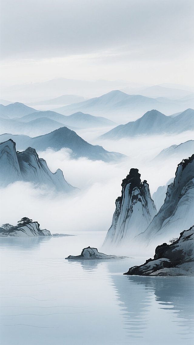 中国传统水墨风格山水背景，以淡蓝色和白色为主色调，画面呈现出宁静致远的氛围。近处是线条流畅、形态各异的岩石山峰，部分山体有较深的墨色勾勒轮廓，表现出岩石的质感；中景是层层叠叠、连绵起伏的山脉，山峰轮廓柔和，墨色由近及远逐渐变淡，呈现出明显的层次感和空间纵深感；远景的山脉则更加朦胧，几乎与灰白色的天空融为一体。山间弥漫着轻盈的白色云雾，云雾在山谷间流动，缠绕在山峰周围，增添了画面的缥缈意境。山脚下是平静的水面，水面上有淡淡的波纹，倒映着天空和远山的影子，整个画面构图简洁大气，留白恰到好处，笔触柔和细腻，营造出空灵、悠远、禅意的东方美学意境。