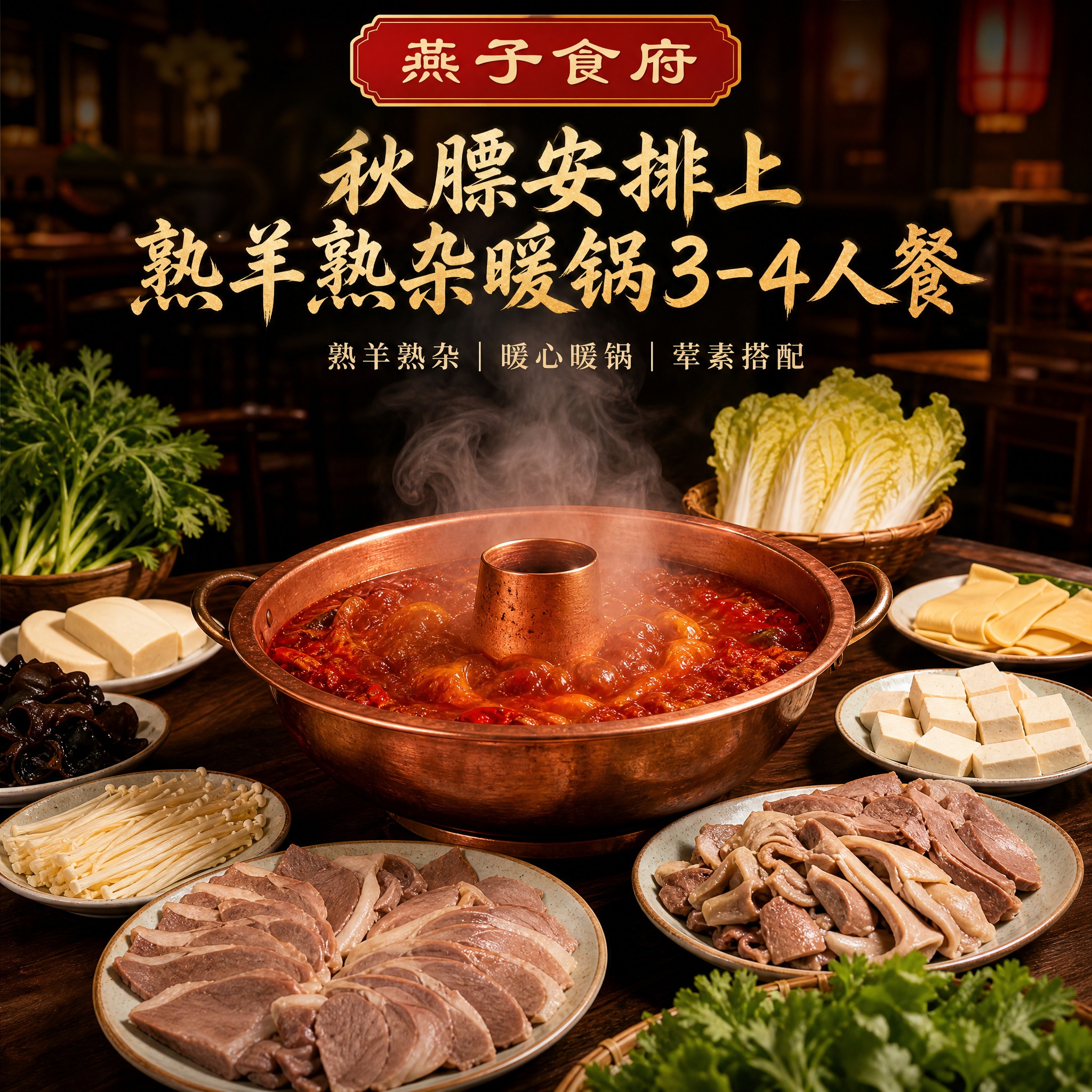 1:1方形美食商品头图，商业美食摄影，暗调中式餐馆环境，深木色… - 图片创意预览