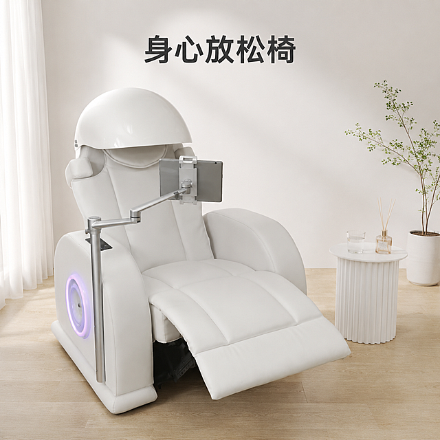 将这款白色头罩式身心放松按摩椅放置在简约现代的心理咨询室或放松室场景中。背景为纯白色渐变墙面，干净简洁，地面为浅木色地板，旁边有小型绿植和白色边几，上面放着香薰和水杯，背景有柔和的纱帘透光。产品居中偏左摆放，45度侧视角度，脚踏展开状态，商品主体占画面约65%。保持产品外观（物理结构、材质质感、纯白色皮质、圆顶头罩、平板支架、侧边紫色氛围灯、展开的脚踏）与输入产品图完全一致，杜绝任何变形和色差，精细化处理。光影为柔和的漫射自然光，主光从左前方来，阴影非常柔和，产品与地面有真实接触阴影，融入环境。画面顶部居中位置放置产品名称文字"身心放松椅"，字体为现代无衬线粗体，深灰色，字号适中，不遮挡产品主体。整体氛围宁静放松、纯净治愈，高级简约，商业摄影质感，画面干净高级。1440x1440正方形比例，文字清晰可辨，超高清画质。负向提示：变形，文字错乱，产品模糊，背景杂乱，水印，电商平台Logo