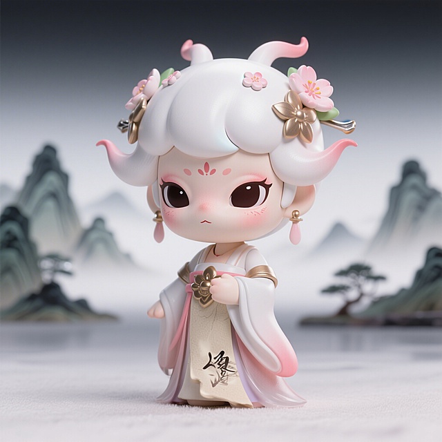 软3D风国潮娃娃，融合中式美学与梦幻色彩，樱花发饰点缀温柔面容，背景山水意境悠远，尽显可爱与唯美感。