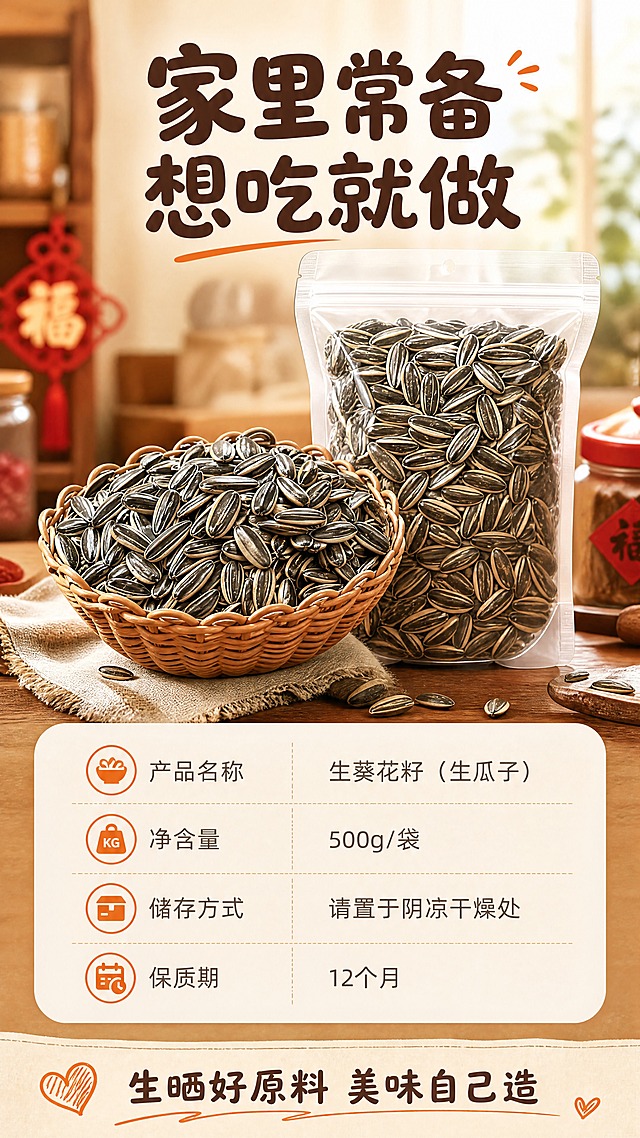 [商品] 使用【图1】生葵花籽（生瓜子）；保留瓜子外壳条纹、形态、色泽与真实纹理，颗粒饱满均匀，为生瓜子原生状态。
[画面] 页面目标：规格信息与收尾转化，展示生瓜子产品规格与囤货常备的温馨氛围。构图：上下结构，上半部分约50%为产品陈列（编织篮+袋装生瓜子组合，营造囤货/年货感），下半部分约50%为规格信息卡与温馨收尾语；背景为暖调厨房/储物场景虚化，产品清晰突出，形成家庭常备的生活感。
[视觉] 套系策略：风格=自然质朴食品商业摄影风；标题字=圆润粗黑体；正文字=简洁无衬线体；主色=暖棕米杏；背景延展=基于暖棕米杏做深浅层级、同色渐变和细腻纸张/木纹质感；强调色=焦糖橙，仅用于小面积图标、引线和标签；标题色=深棕褐；正文色=中暖灰；组件=圆角浅底信息卡、细线引线、圆形卖点icon；光影=左前侧暖柔光，自然柔和阴影。
[文字] 主标题「家里常备 想吃就做」，规格信息：产品名称、净含量、储存方式、保质期；底部温馨语「生晒好原料 美味自己造」；文字横向排版，规格信息清晰易读。
[规格] 图片比例9:16竖版，4K分辨率，负向提示：避免变形、错字、文字过小、冷蓝/蓝灰背景、瓜子颜色改变、颗粒失真、出现平台Logo水印。