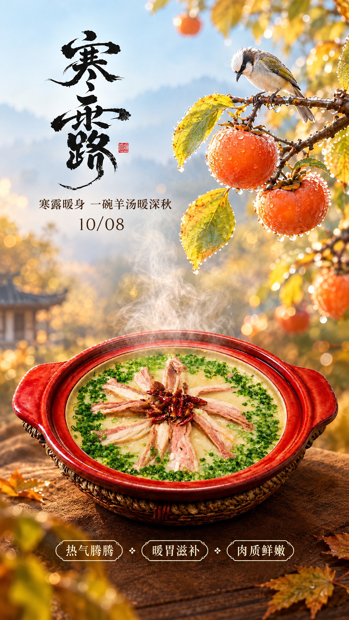 寒露节气美食海报，竖版9:16，2K分辨率。画面主体为图2中的… - 图片创意预览