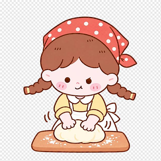 参考图中的卡通小女孩形象：棕色双麻花辫、圆圆的脸蛋带粉色腮红、浅黄上衣配白色娃娃领、白色围裙，保持整体Q版简笔画风格和棕色描边、马卡龙柔和配色。揉面烘焙场景专属设计：头饰换成红白波点的三角头巾（烘焙师头巾），表情是认真专注又带点微笑的样子，抿着嘴，眼神专注看着面团。动作：双手在揉面团，面前案板上有面团，周围撒一些面粉。半身构图，腰部以上，透明背景，无背景，PNG格式