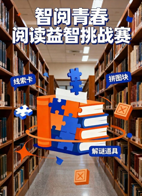 修改大学生阅读益智活动海报，将书本位置移动到主标题"智阅青春 阅读益智挑战赛"的正下方，完全删除活动时间、参与方式和主办单位所有文字，保留原有的图书馆背景和益智元素，维持潮流撞色设计风格预览效果