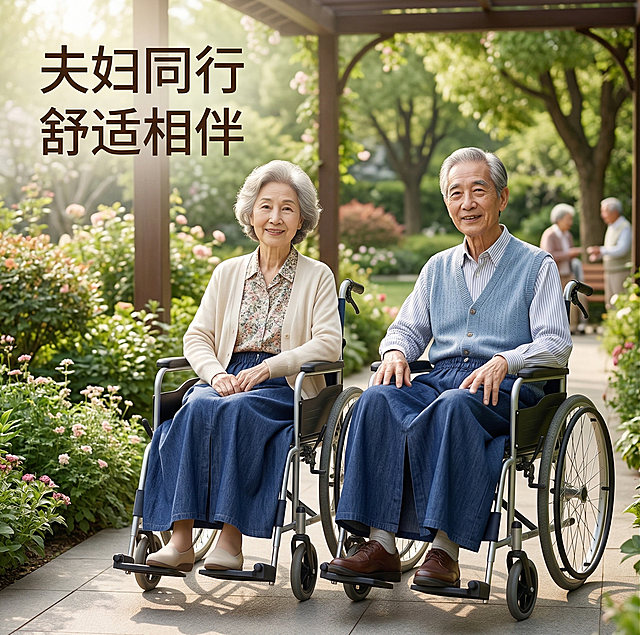 图中深蓝色老年人防漏隔尿裤裙裙长严格为70cm，不要太长。画面展示78岁长脸亚洲老年夫妇两人都穿着这款隔尿半身裙坐在轮椅上，背景是养老院花园凉亭，绿意盎然，休闲养老出行场景。产品样式必须和原图保持100%一致，隔尿半身裙长度70cm比例正确。整体氛围温馨惬意，自然柔和光影，构图均衡主体突出。左上角文案"夫妇同行 舒适相伴"，字体为无衬线体深棕色，不遮挡产品主体。