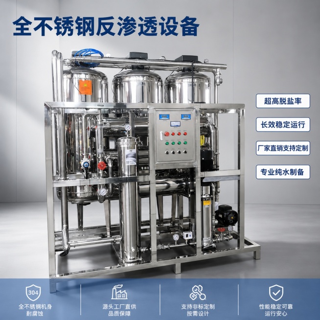 [主图-1]全不锈钢反渗透纯水设备首图，突出专业工业品质感；氛围风格：专业工业硬核风格，清晰展示产品整体；画质：商业摄影质感，光线明快通透，产品清晰真实，金属质感突出，画面干净高级；元素：保持全不锈钢预览效果