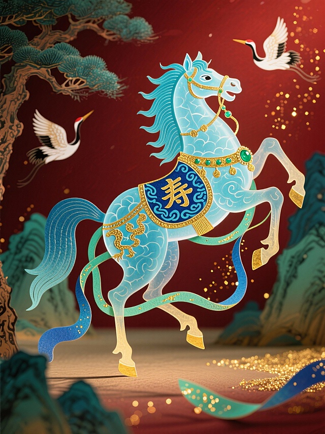 皮影质感，主体是青蓝皮影马（半透明，马身饰金色 “寿” 字与青蓝云纹纹样，鞍具嵌翡翠，马身隐现金色龙鳞），呈腾空跃动姿态，鬃毛如碧水流动。周身环绕青金渐变华丽飘带，飘带附带青绿光带与金星粒子，动感十足。背景为暗红底色，搭配青绿松鹤山水，古松苍劲、仙鹤翩飞，融入漫天细碎金星光效，色调以暗红、青金、青绿为主，兼具福寿寓意与国潮感。