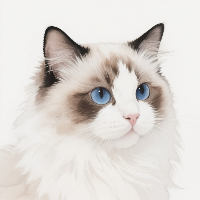 一只蓝眼睛的布偶猫，毛发蓬松柔软，主要为白色，夹杂着浅棕色和深棕色的斑纹，耳朵竖立，表情温和，背景为纯白色。预览效果
