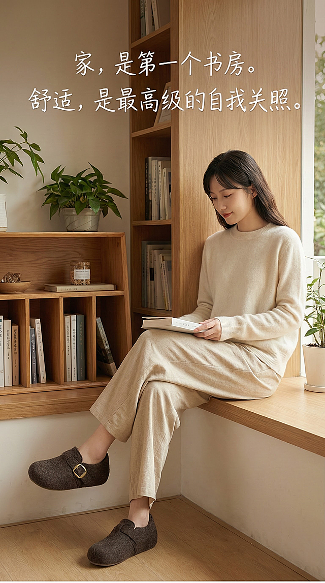 布局：女模特在家中的场景，穿着羊绒衫、棉麻长裤，与鞋子搭配。文案：家，是第一个书房。舒适，是最高级的自我关照。
