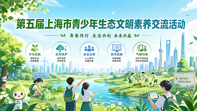 第五届上海市青少年生态文明素养交流活动主KV设计，横向设计，主标题为"第五届上海市青少年生态文明素养交流活动"，画面融入绿色自然生态元素，如绿树、草地、河流，整体风格青春环保，包含五个主题维度：行为实践、生态保护、社会治理、技术应用与气候行动，体现青少年参与感，积极清新色调