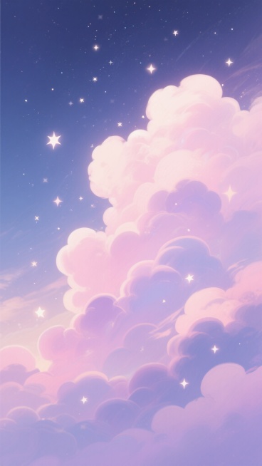 一幅充满梦幻背景的插画，画面以柔和的粉紫色为主色调，融合了浅粉色、淡紫色和深蓝色，营造出宁静而浪漫的氛围。画面中布满了蓬松、柔软的云彩，云朵呈现出半透明的质感，边缘带有淡淡的光晕效果。天空中点缀着无数闪烁的星星，星星大小不一，分布错落有致，部分星星散发着柔和的光芒。整体画面采用竖构图，云彩从底部向上延伸，逐渐过渡到深邃的星空，光影效果柔和，色彩过渡自然，呈现出数字艺术特有的平滑渐变质感，充满了……预览效果