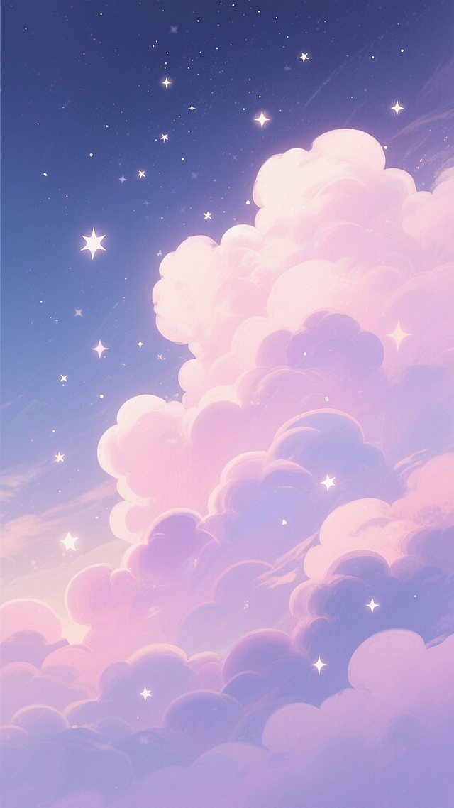 一幅充满梦幻背景的插画，画面以柔和的粉紫色为主色调，融合了浅粉色、淡紫色和深蓝色，营造出宁静而浪漫的氛围。画面中布满了蓬松、柔软的云彩，云朵呈现出半透明的质感，边缘带有淡淡的光晕效果。天空中点缀着无数闪烁的星星，星星大小不一，分布错落有致，部分星星散发着柔和的光芒。整体画面采用竖构图，云彩从底部向上延伸，逐渐过渡到深邃的星空，光影效果柔和，色彩过渡自然，呈现出数字艺术特有的平滑渐变质感，充满了梦幻般的童话色彩。