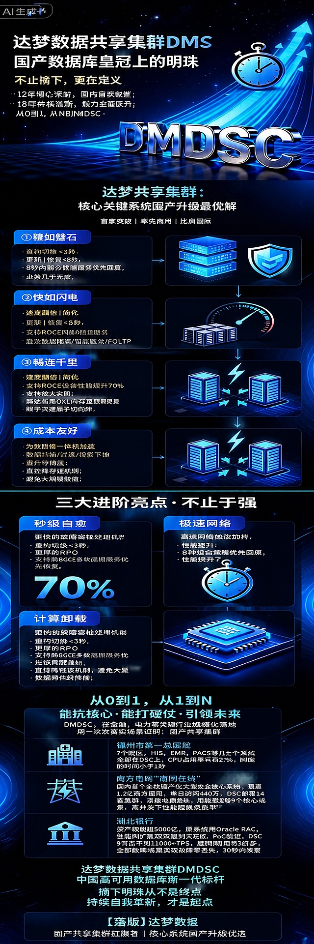 将上传的四张图片按照顺序依次从上到下拼接成一张完整的竖版长图，适度压缩每张图片的高度，保持原图片的科技蓝黑色调与内容不变，各板块之间的背景衔接过渡自然，整体排版整齐，所有文字清晰可读，保持原有达梦数据共享集群DMDSC的内容和风格，生成一张完整的产品宣传长图海报