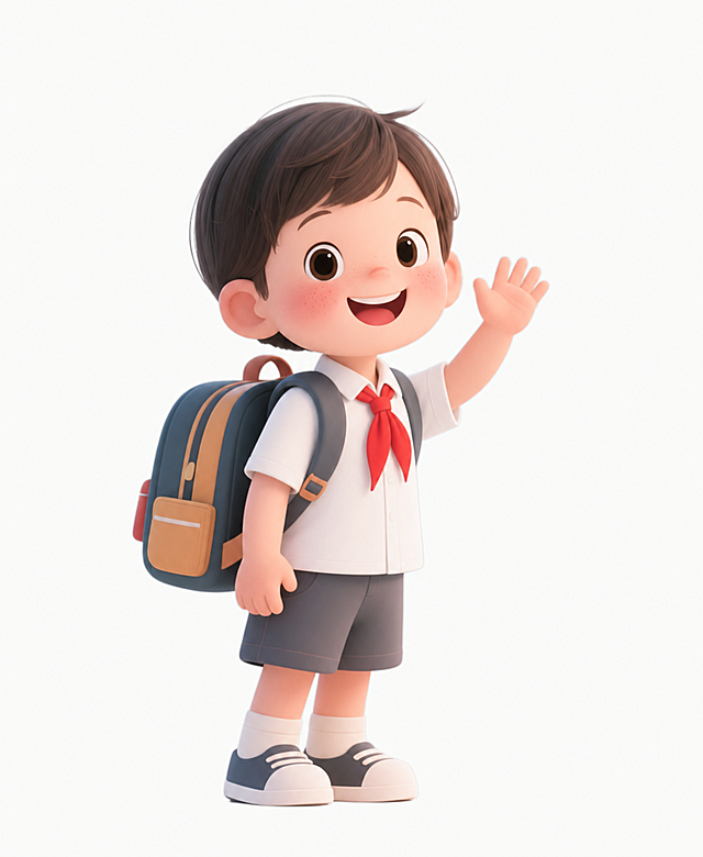 将图片中小学生的上衣换成干净的白衬衫，并戴上红领巾，保持整体3D卡通风格不变，其他人物细节和背景保持原样