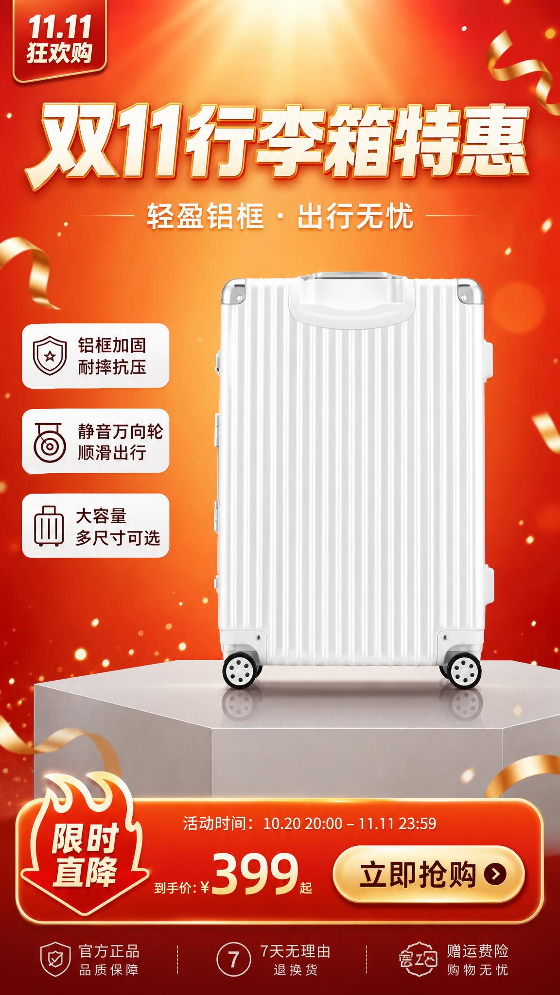双十一行李箱促销竖版海报，写实商业摄影风格，现代简约大促风，干… - 图片创意预览