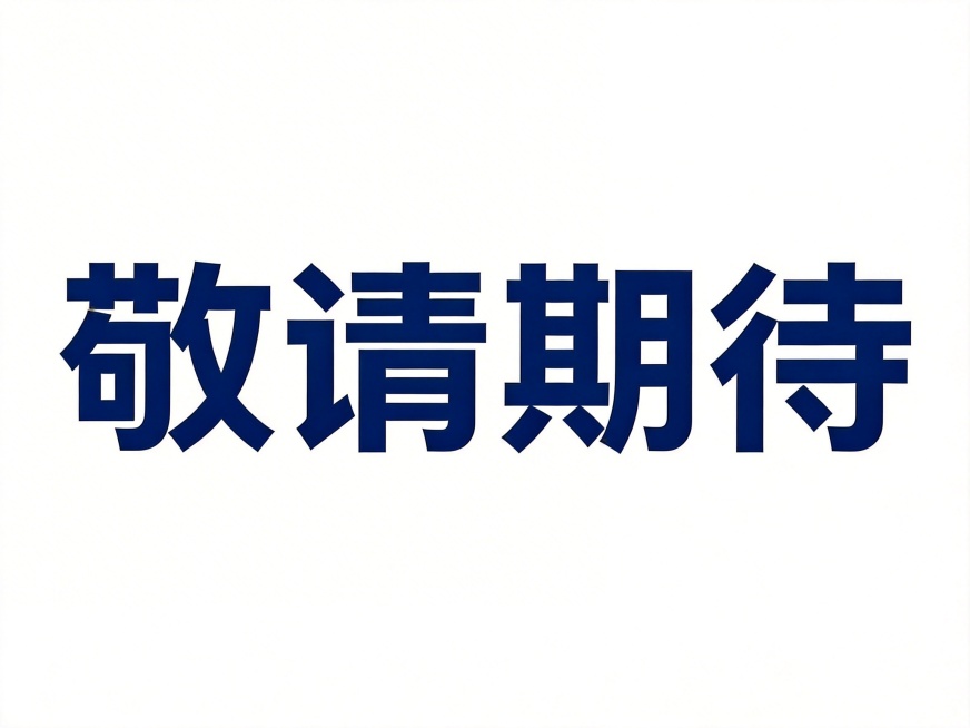 干净的纯白色背景。平面艺术字体设计，四个字"敬请期待"，所有文字单行横向排列（现代无衬线黑体风格，字形结构平衡，笔画粗细均匀，在笔画转折处做轻微圆角处理，字间距适中，保持高可识别性）（深蓝色哑光质感，预览效果